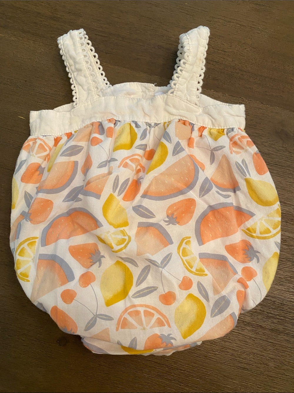 Baby Girls Fruit-Print Bubble Romper in Peach, Yellow & Gray